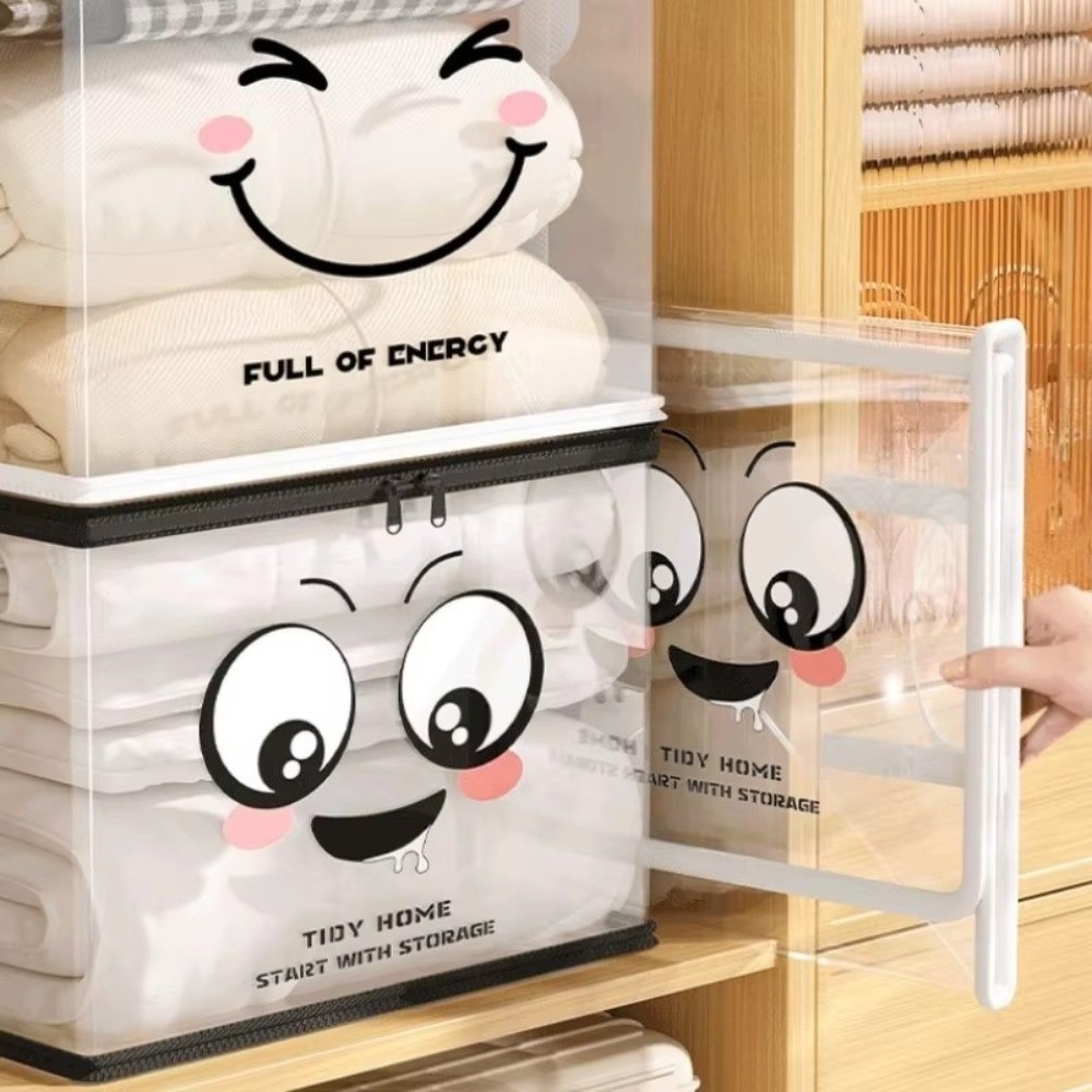 Home Office Bagas - 大型正方形ブック収納バッグ PVC透明ジッパー収納ボックス 蓋付きデザイン ジョイフルフェイスパターンオーガナイザービン ホームオーガナイザー