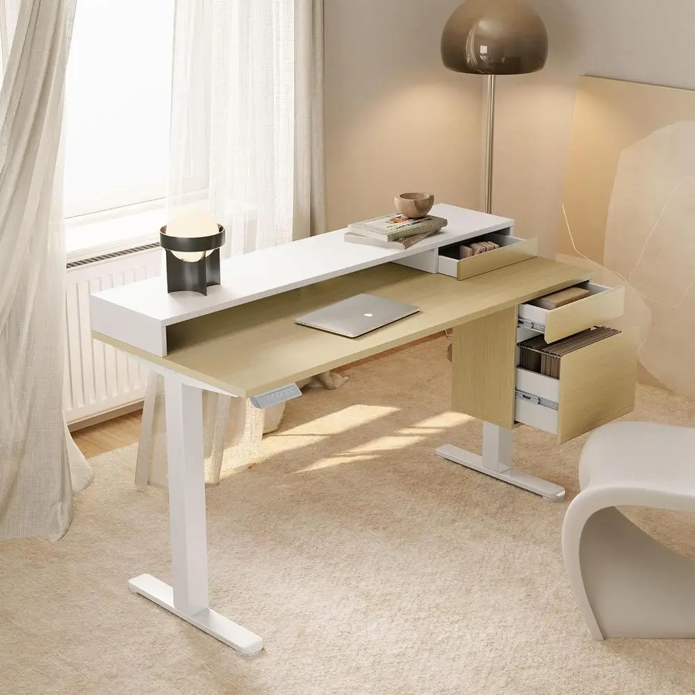 Standing Desk Electric - 47インチ高さ調節可能な電動スタンディングデスク、収納引き出し付き、ライトウォルナット仕上げ、モニタースタンドに最適な人間工学に基づいたデザイン