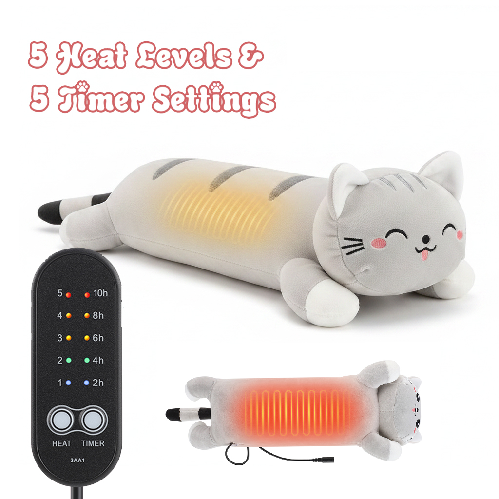 Home Office Cozy - 加熱式猫型ぬいぐるみ枕、USB充電式温熱クッション、5段階の熱レベルと5段階のタイマー付き、彼女への心温まる可愛いギフト、自宅・オフィス・ベッド用