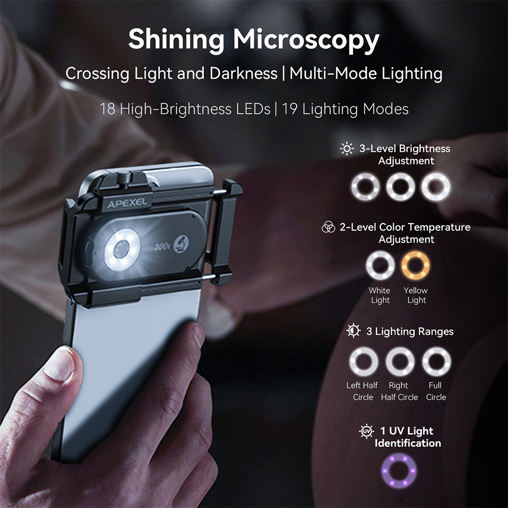 APEXEL ナノズーム 300倍顕微鏡レンズ 携帯電話カメ - Zoom Lighting Kit のレビューと価格