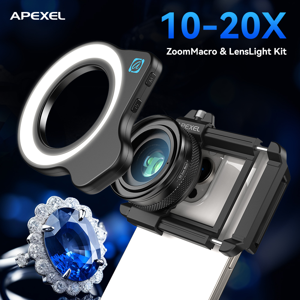 APEXEL 10-20X 調整可能なズームマクロ電話レンズ - Zoom Lighting Kit のレビューと価格